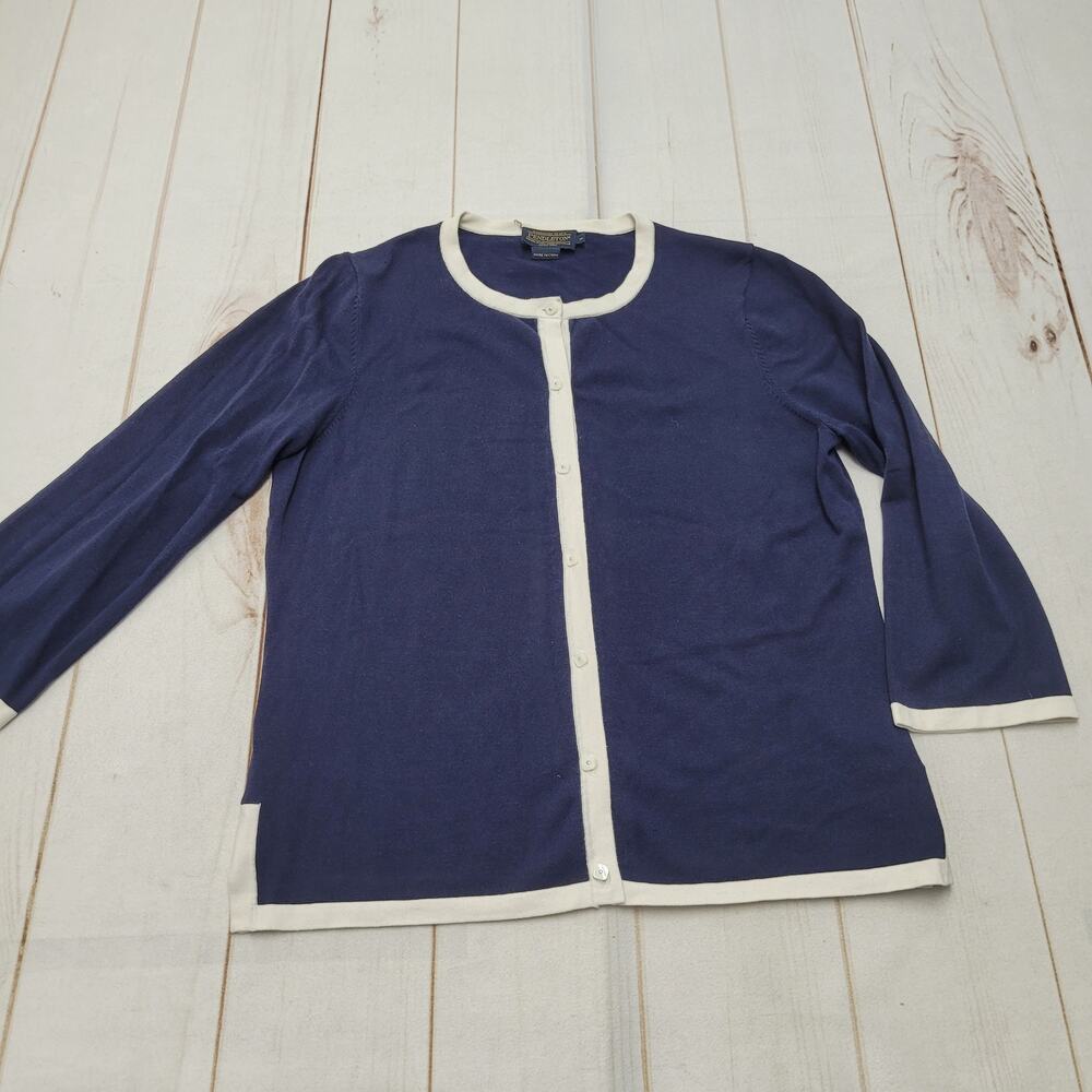 Pendleton silk blend button front cardigan sweater blue cream medium 3/4 sleeve